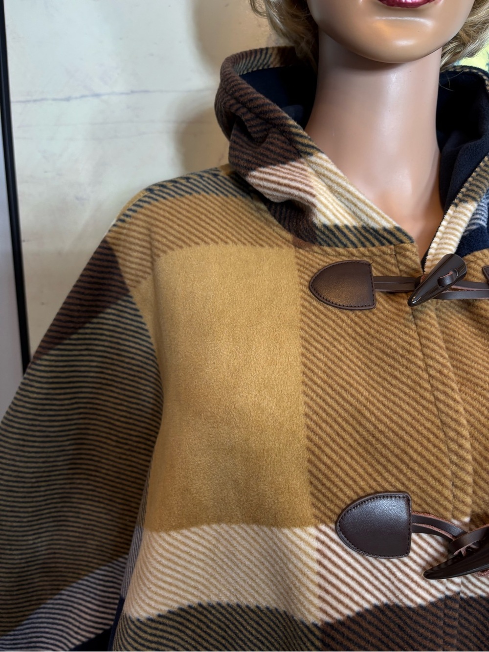 RACHEL Rachel Roy Hooded Plaid Poncho Sweater in Brown, Navy & Cream - Picture 5 of 15